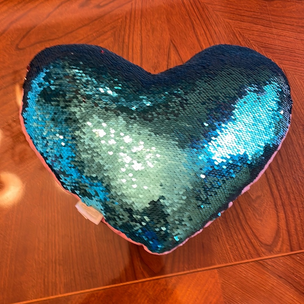 Sequin Heart Pillow with reversible sequins - Blue and Pink